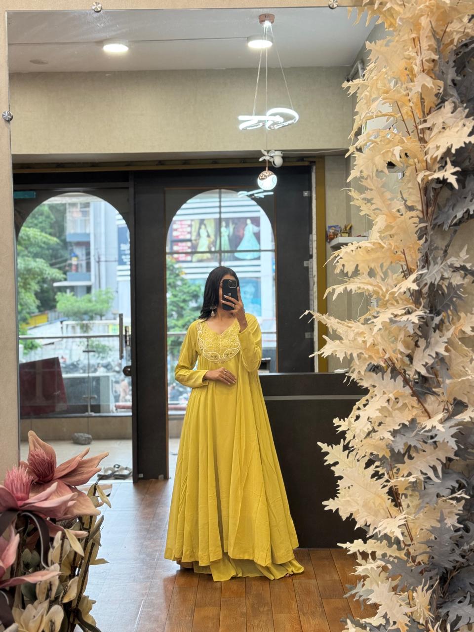 Yellow color Hand work Ethnic Wear Anarkali Plazzo Set