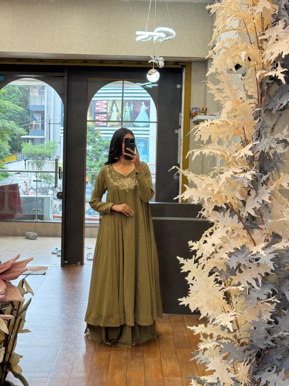 Olive Green color Hand work Ethnic Wear Anarkali Palazzo Set