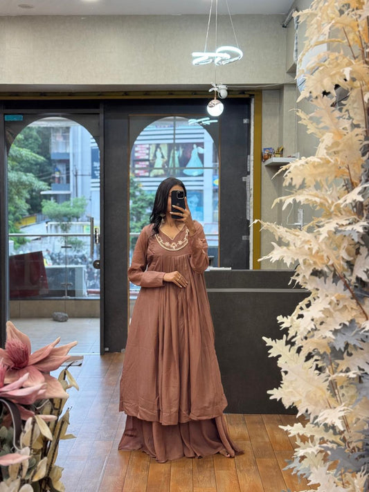 Brown color Hand work Ethnic Wear Anarkali Palazzo Set