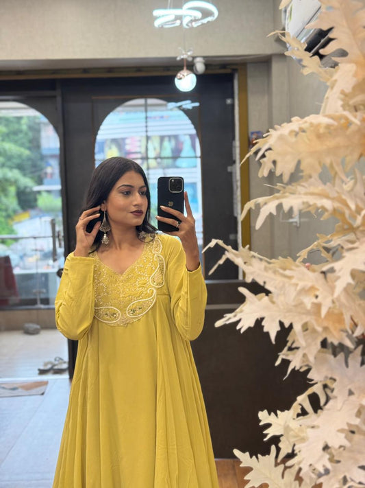 Yellow color Hand work Ethnic Wear Anarkali Plazzo Set
