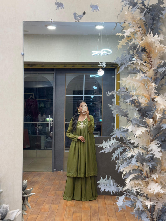 Olive Green color Hand work Ethnic Wear Anarkali Palazzo Set