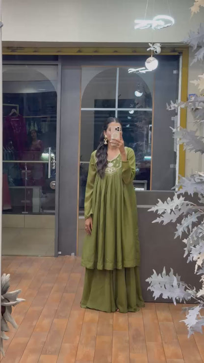Olive Green color Hand work Ethnic Wear Anarkali Palazzo Set
