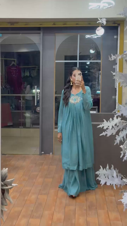 Sky Blue color Hand work Ethnic Wear Anarkali Palazzo Set